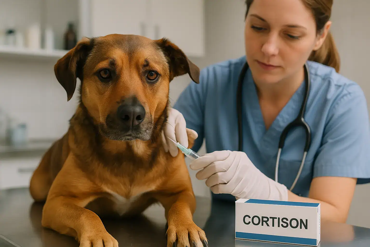Eine Tieräztin die einem Hund Cortison per Spritze gibt